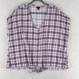 Torrid Challis Tie-Front Dolman Midi Top Womens Plaid Ivory Short Sleeve Size 1X